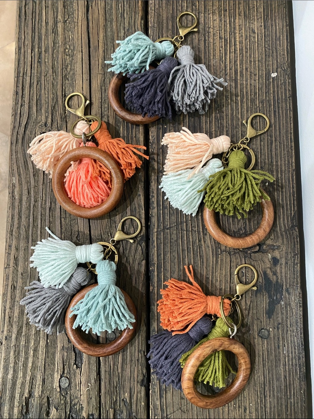 Mini Bangle Keychain with Tassel Charms, Wooden Ring